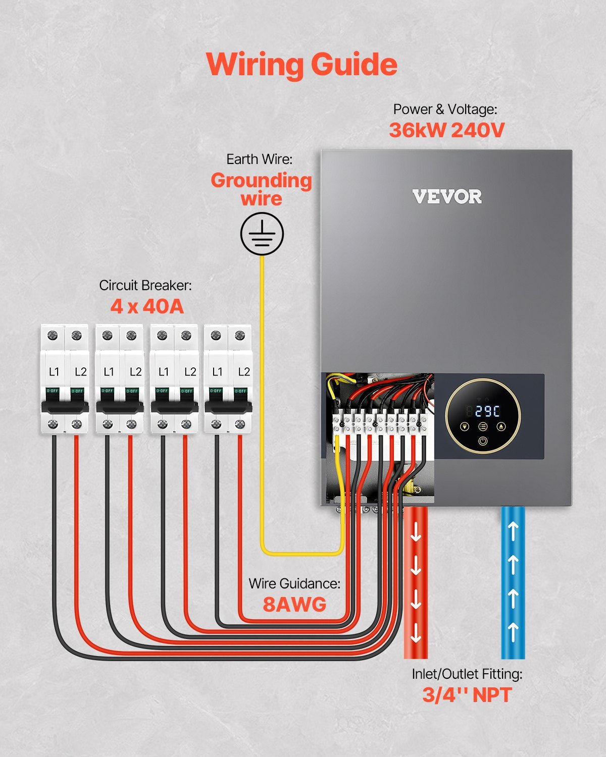 Vevor Tankless Electric Water Heater 36kW Instant Hot with LCD Touchscreen New